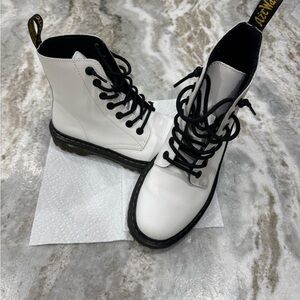 Dr. Martens White Leather Lace-Up Combat Boots with Black Laces